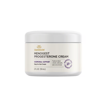 A 59 ml white container of Swanson Menogest Progesterone Cream, paraben-free and formulated with wild yam for menopause and hormonal balance support.